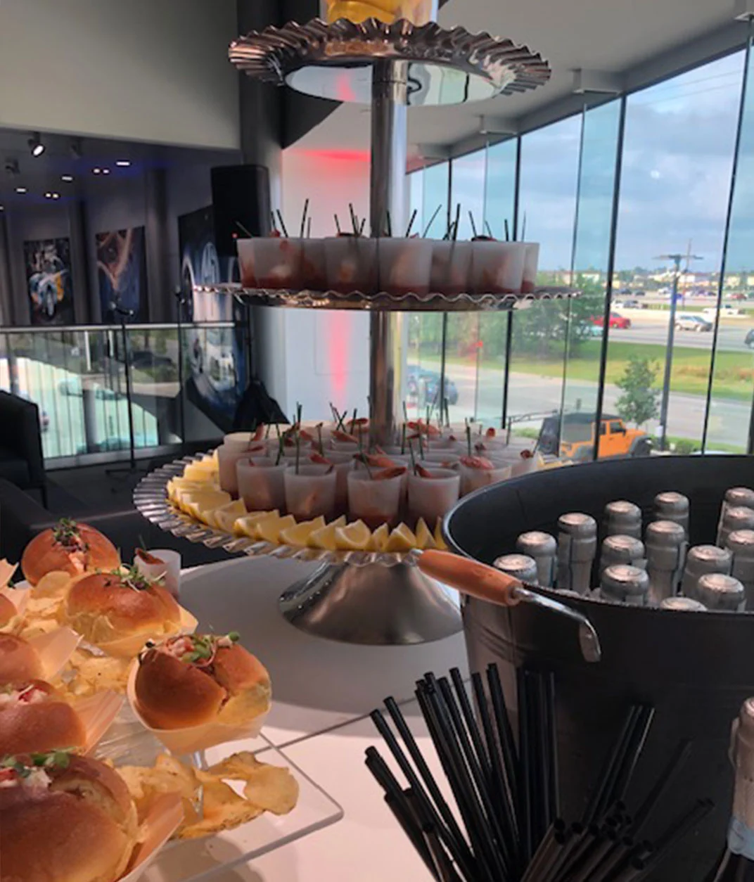 Catering display with appetizers at an event venue.