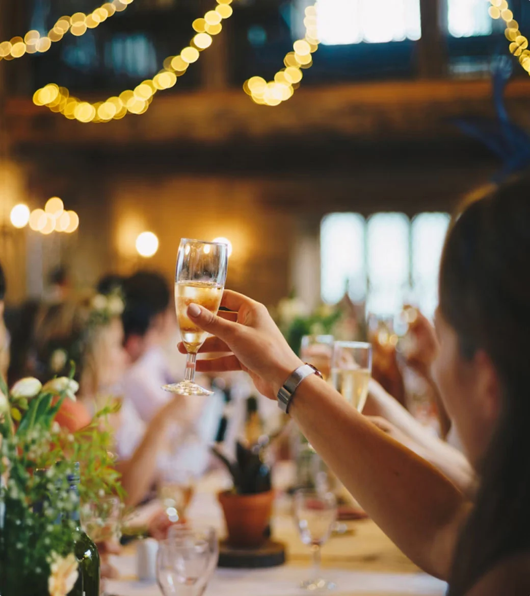 Person toasting at festive event.